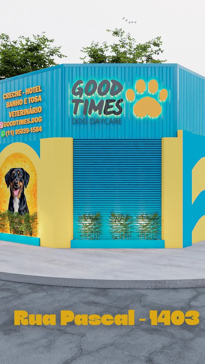 Fachada da Good Times, azul e amarela, com a pata amarela